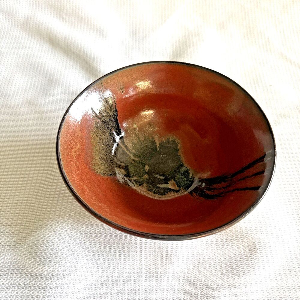 Studio Art Pottery Glazed Bowl Rich Brown Red Artist Signed 3"x7" Boho Chic